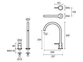Technical Drawing - Mizu Drift Extended Height Hob Mixer Set (5/6 Star) Lead Free
