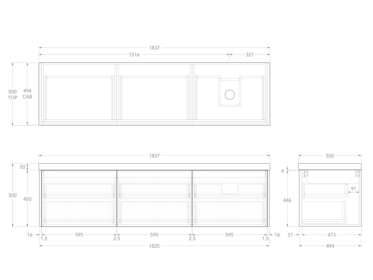 Technical Drawing - Kado Neue Fluted Square All Drawer 1800mm Wall Hung Vanity with Right Hand Basin 50mm Top