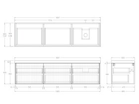 Technical Drawing - Kado Neue Fluted Square All Drawer 1800mm Wall Hung Vanity with Right Hand Basin 50mm Top