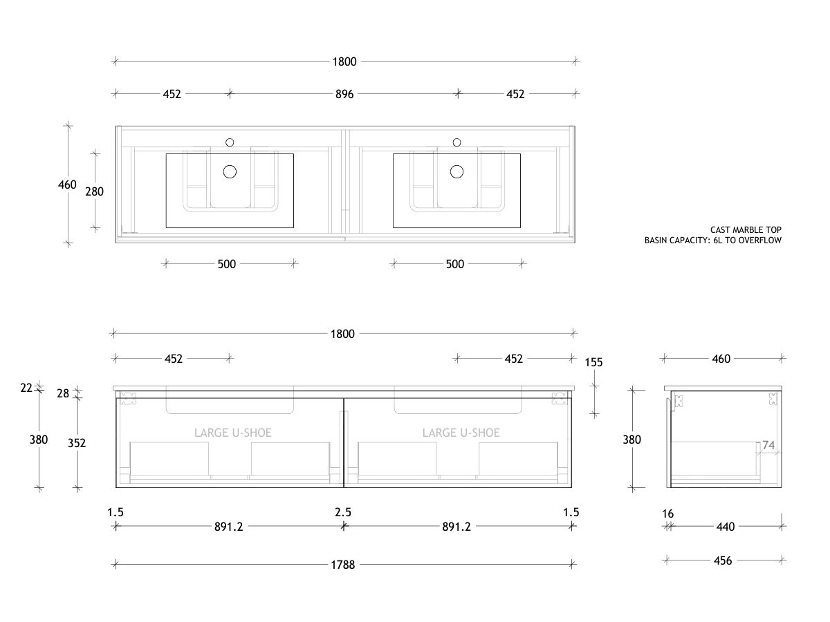 Posh Domaine All-Drawer 1800mm Double Bowl Wall Hung Vanity Cast Marble Top