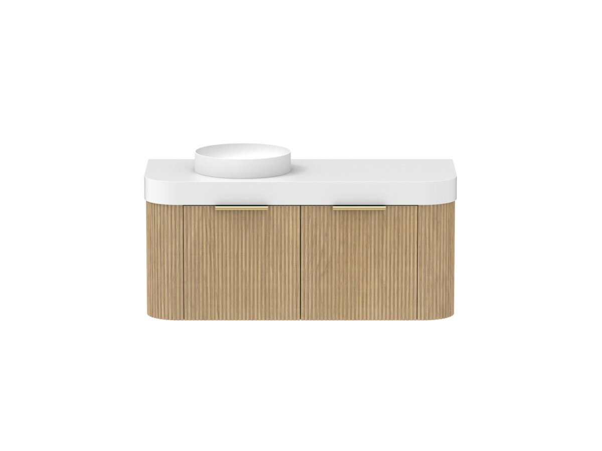 Supporting Image - Kado Neue Fluted Double Curve All Drawer 1200mm Wall Hung Vanity with Left Hand Basin Durasein 90mm Top Boston Oak