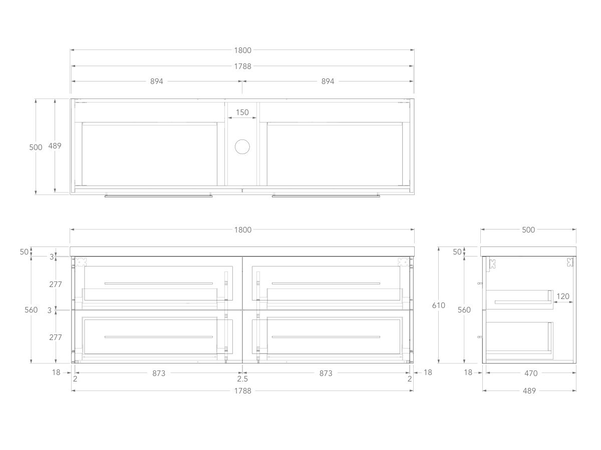 Technical Drawing - Kado Lux 1800mm All Drawer Wall Hung Vanity Unit 4 Drawers Single Bowl Vanity 50mm Top