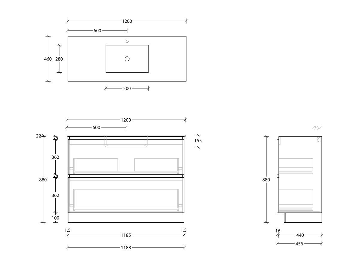 Posh Domaine & Domaine Plus All-Drawer Twin 1200mm Floor Mounted Vanity Unit Single Bowl Cast Marble Top Centre Basin