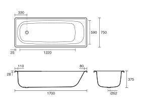 Base Pressed Steel Bath 1700 x 750mm White