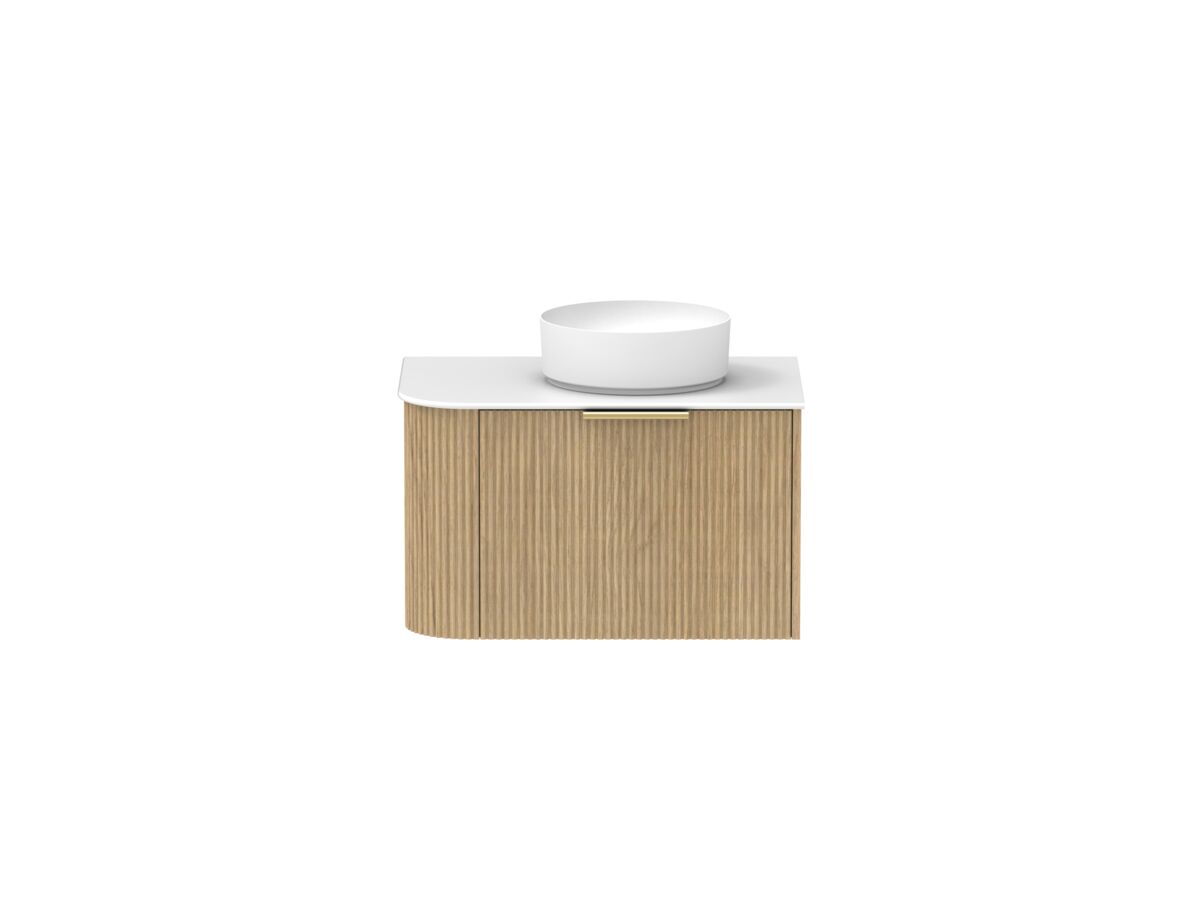 Supporting Image - Kado Neue Fluted Single Curve All Drawer 750mm Wall Hung Vanity with Centre Basin Durasein 12mm Top Boston Oak