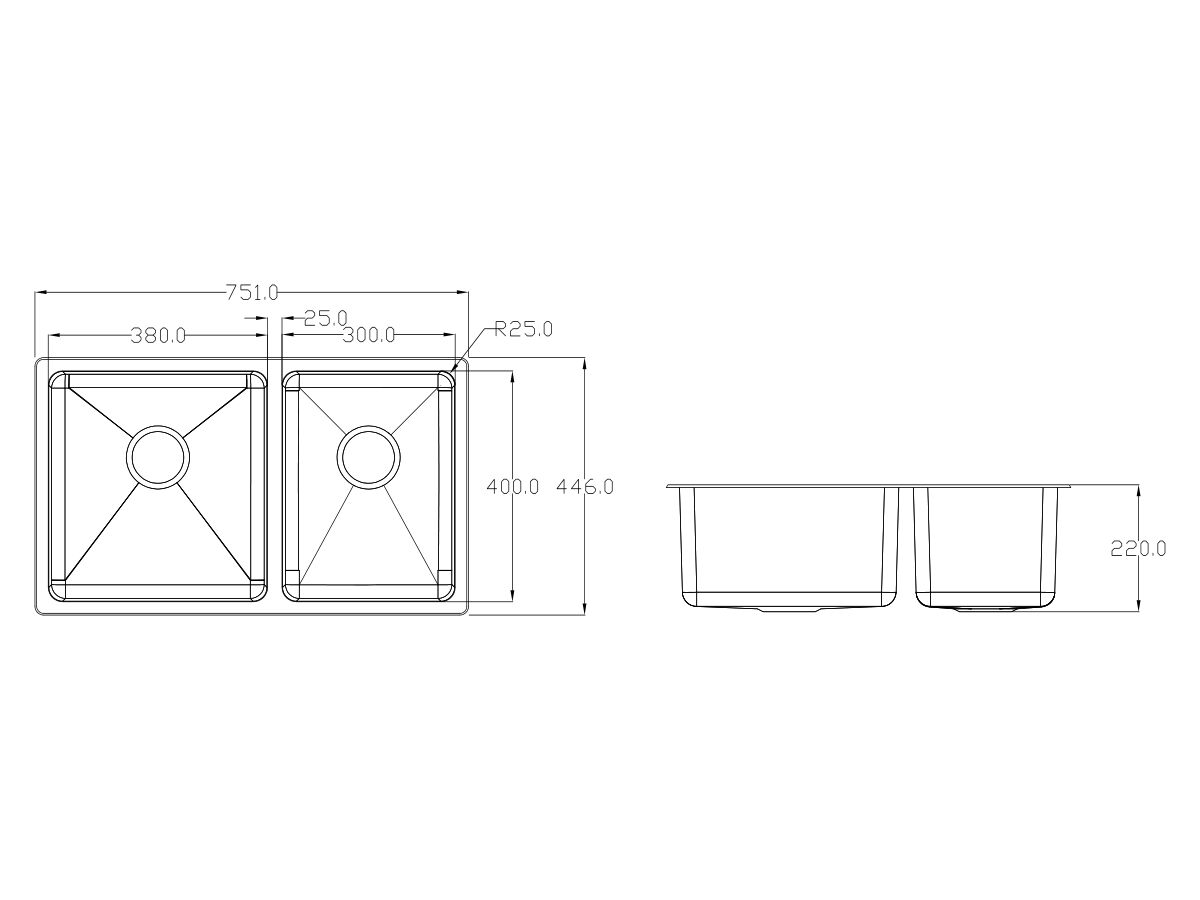 Memo Hugo 1 3/4 Bowl Sink No Taphole Stainless Steel