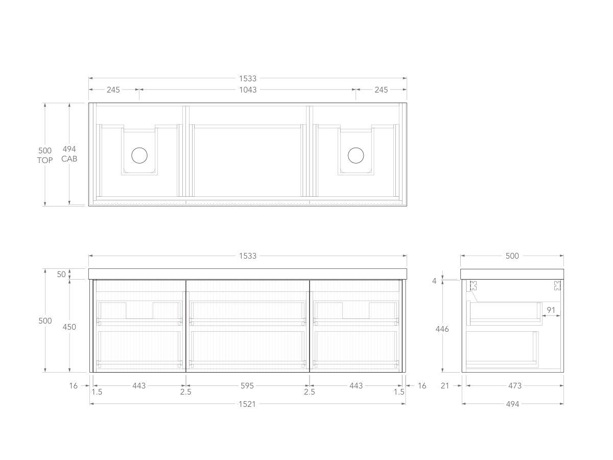 Technical Drawing - Kado Neue Fluted Square All Drawer 1500mm Wall Hung Vanity with Double Basin 50mm Top