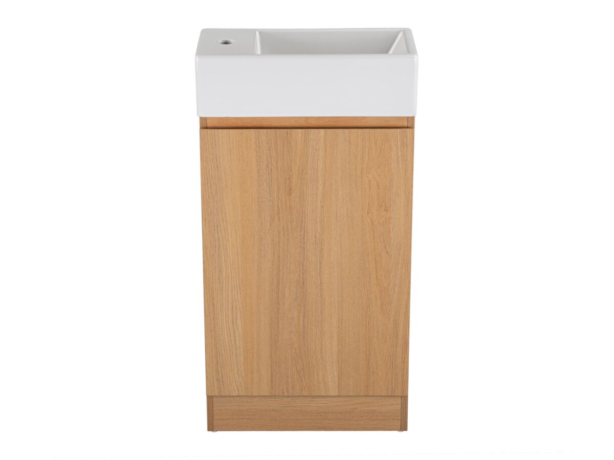 Hero - Posh Solus Powder Room Vanity Unit Floor Mounted Right Hand Bowl 1 Taphole Oak Finish