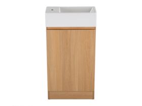 Hero - Posh Solus Powder Room Vanity Unit Floor Mounted Right Hand Bowl 1 Taphole Oak Finish