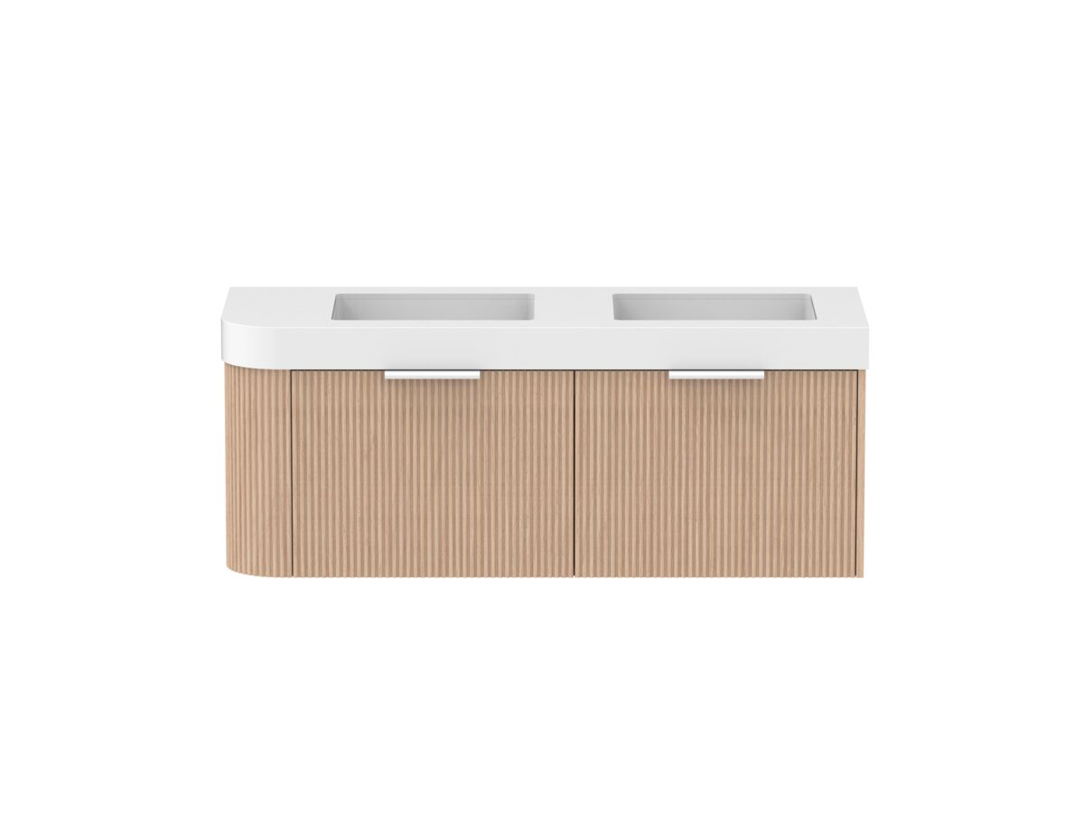 Supporting Image - Kado Neue Fluted Single Curve All Drawer 1350mm Wall Hung Vanity with Double Basin Durasein 90mm Top Blonde Oak