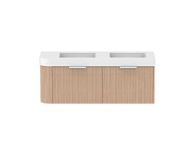 Supporting Image - Kado Neue Fluted Single Curve All Drawer 1350mm Wall Hung Vanity with Double Basin Durasein 90mm Top Blonde Oak