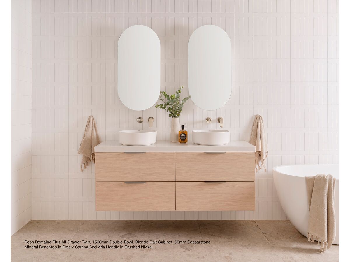 Posh Domaine Plus All-Drawer Twin, 1500mm Double Bowl, Blonde Oak Cabinet, 50mm Caesarstone Mineral benchtop in Frosty Carrina and Aria handle in Brushed Nickel