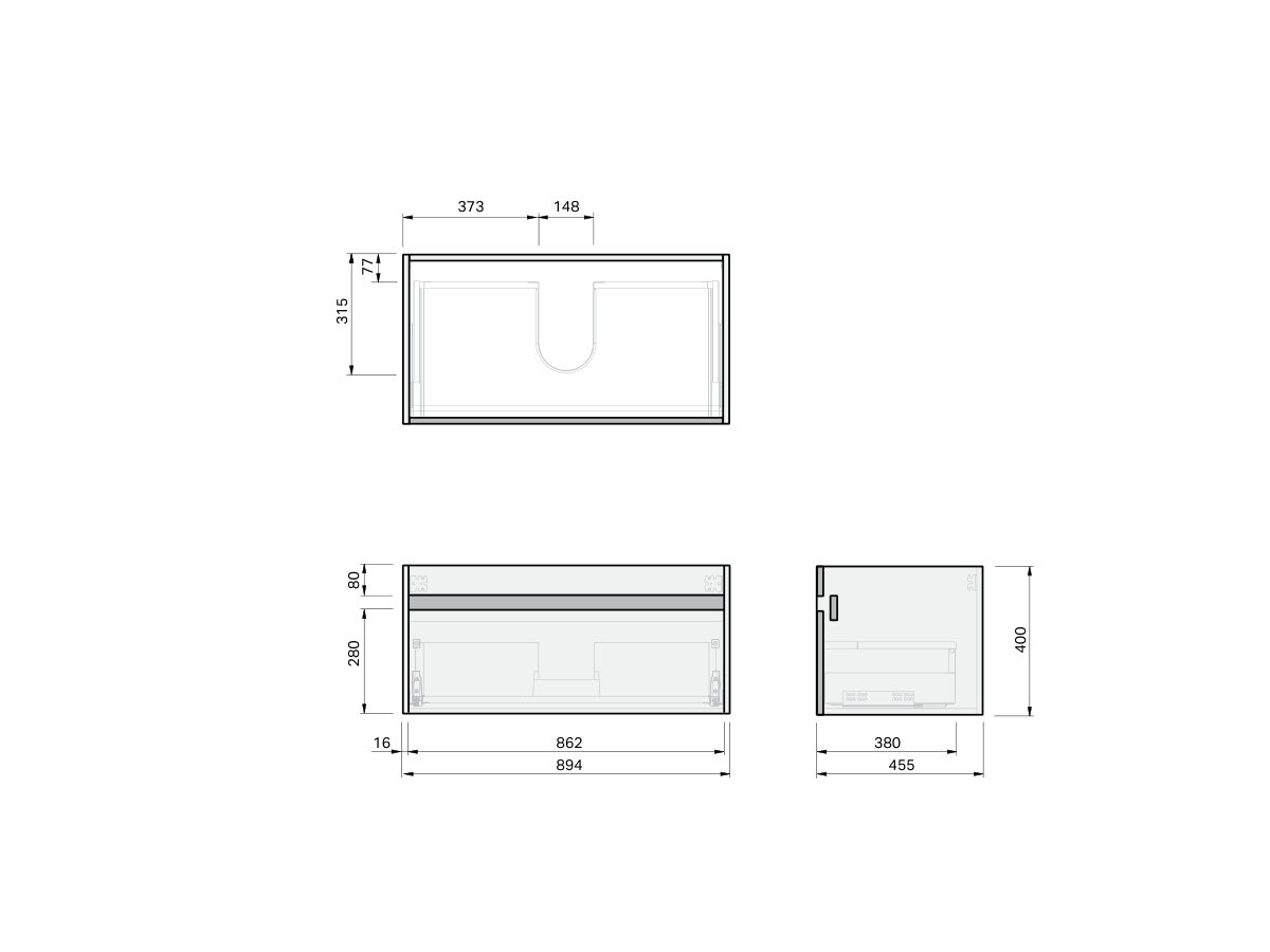 Technical Drawing - Posh Domaine Single 900 1 Drawer Wall Hung Vanity Mineral Cast