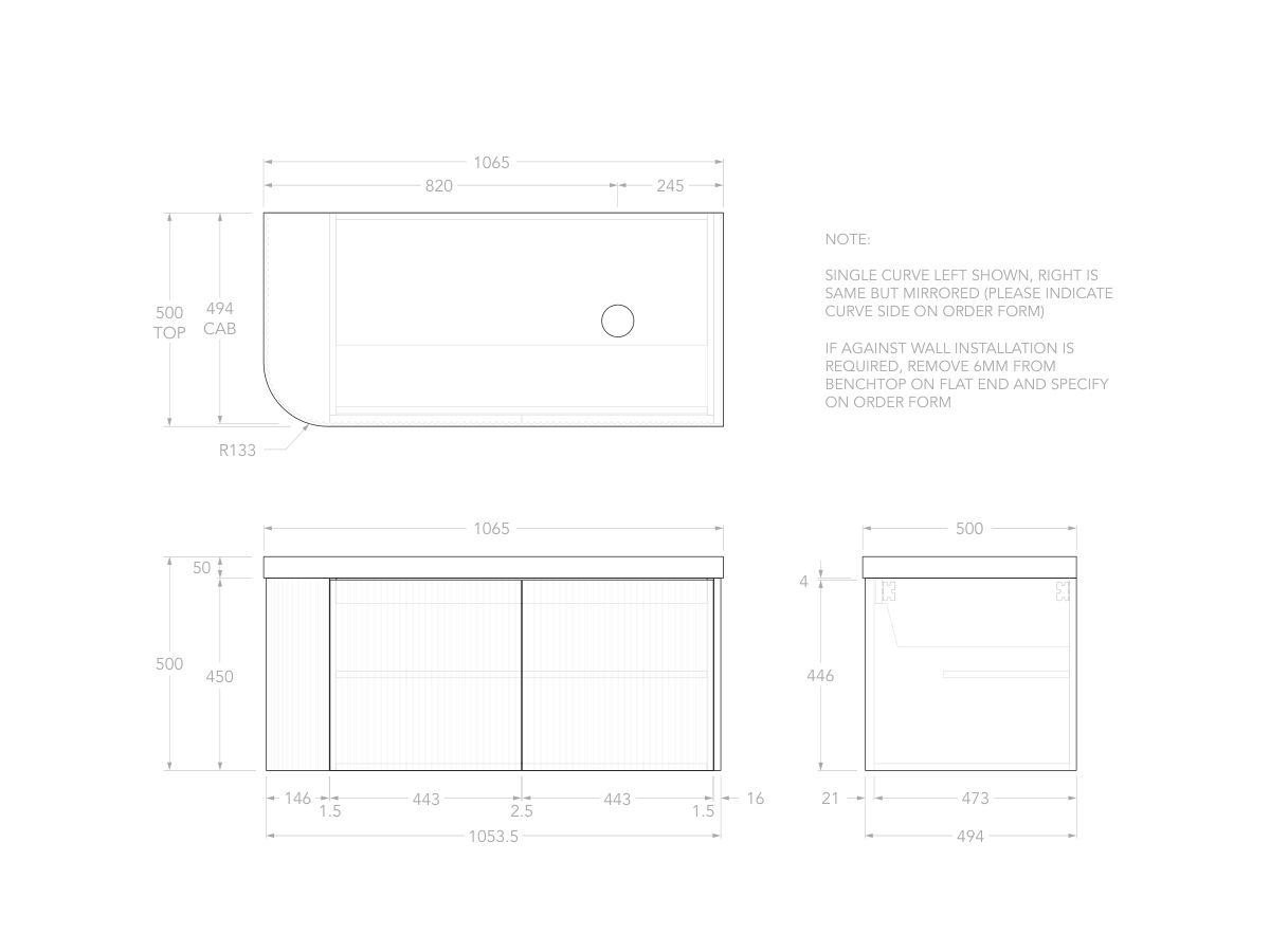 Technical Drawing - Kado Neue Fluted Single Curve All Door 1050mm Wall Hung Vanity with Right Hand Basin Durasein 50mm Top