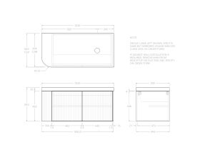 Technical Drawing - Kado Neue Fluted Single Curve All Door 1050mm Wall Hung Vanity with Right Hand Basin Durasein 50mm Top