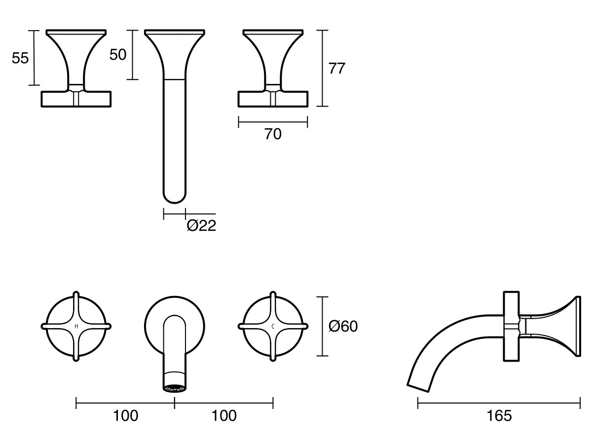 Sussex Oria Cross Wall Basin Set 165mm (5 Star)