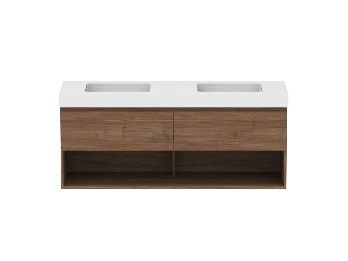 Hero - Posh Domaine 1500mm Wall Hung Vanity Unit All-Drawer Open Shelf Double Bowl 90mm Top