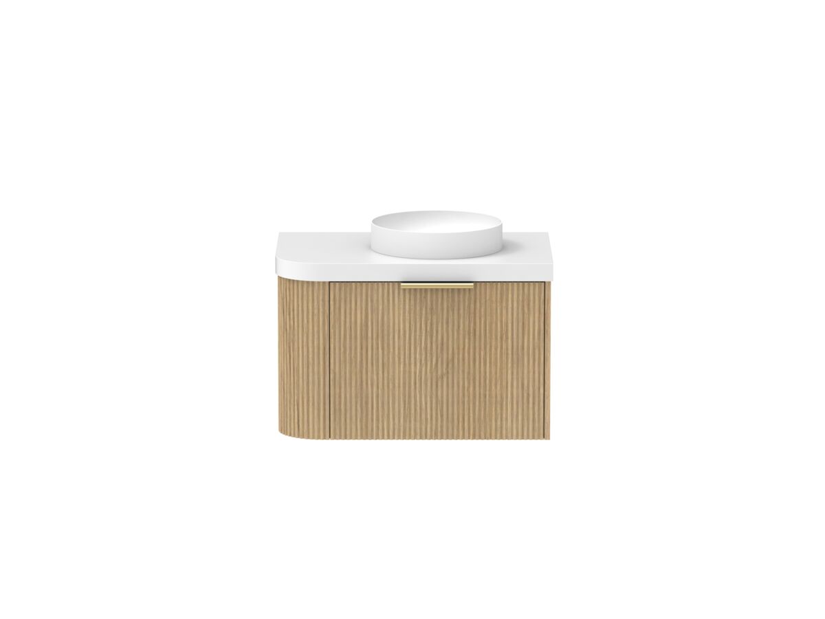 Supporting Image - Kado Neue Fluted Single Curve All Drawer 750mm Wall Hung Vanity with Centre Basin Durasein 50mm Top Boston Oak