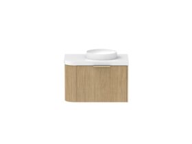 Supporting Image - Kado Neue Fluted Single Curve All Drawer 750mm Wall Hung Vanity with Centre Basin Durasein 50mm Top Boston Oak
