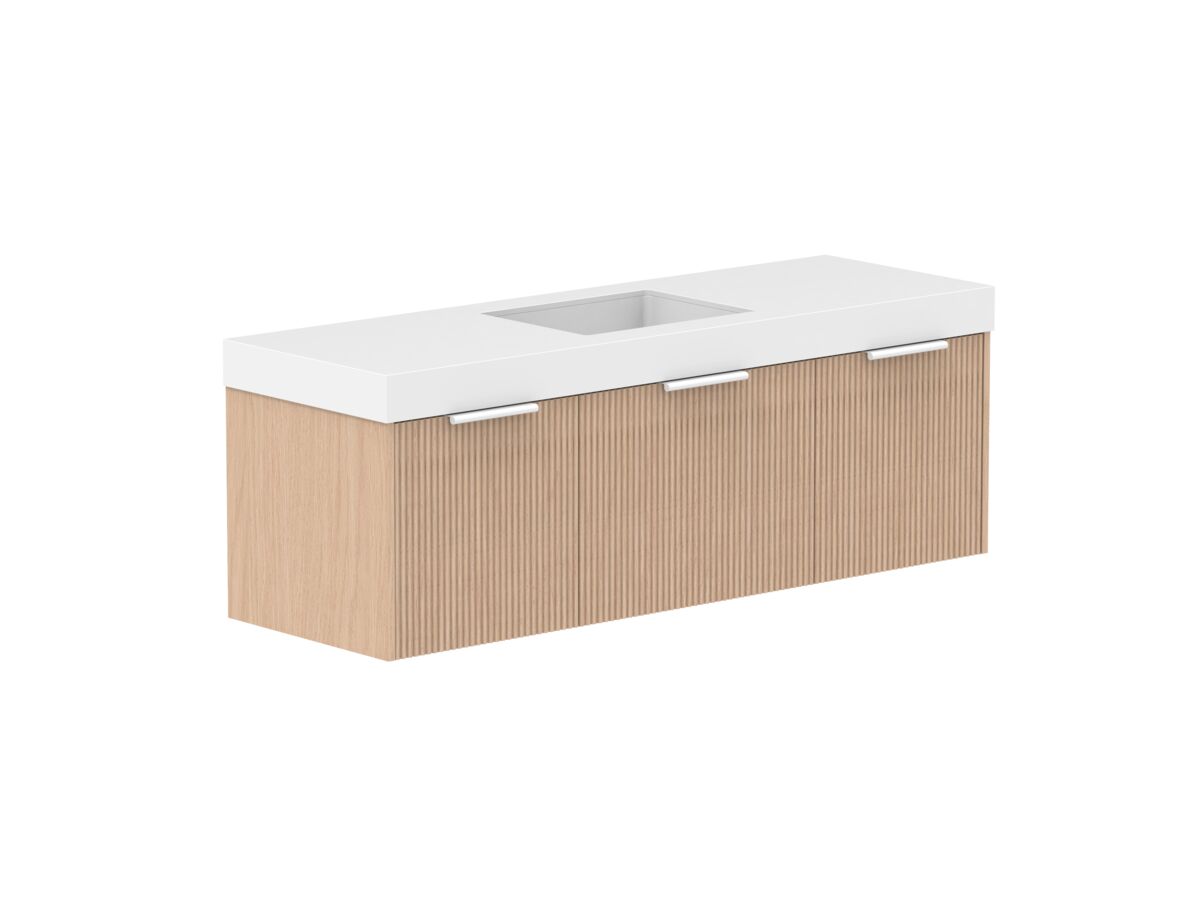 Supporting Image 2- Kado Neue Fluted Square All Drawer 1500mm Wall Hung Vanity with Centre Basin 90mm Top Blonde Oak