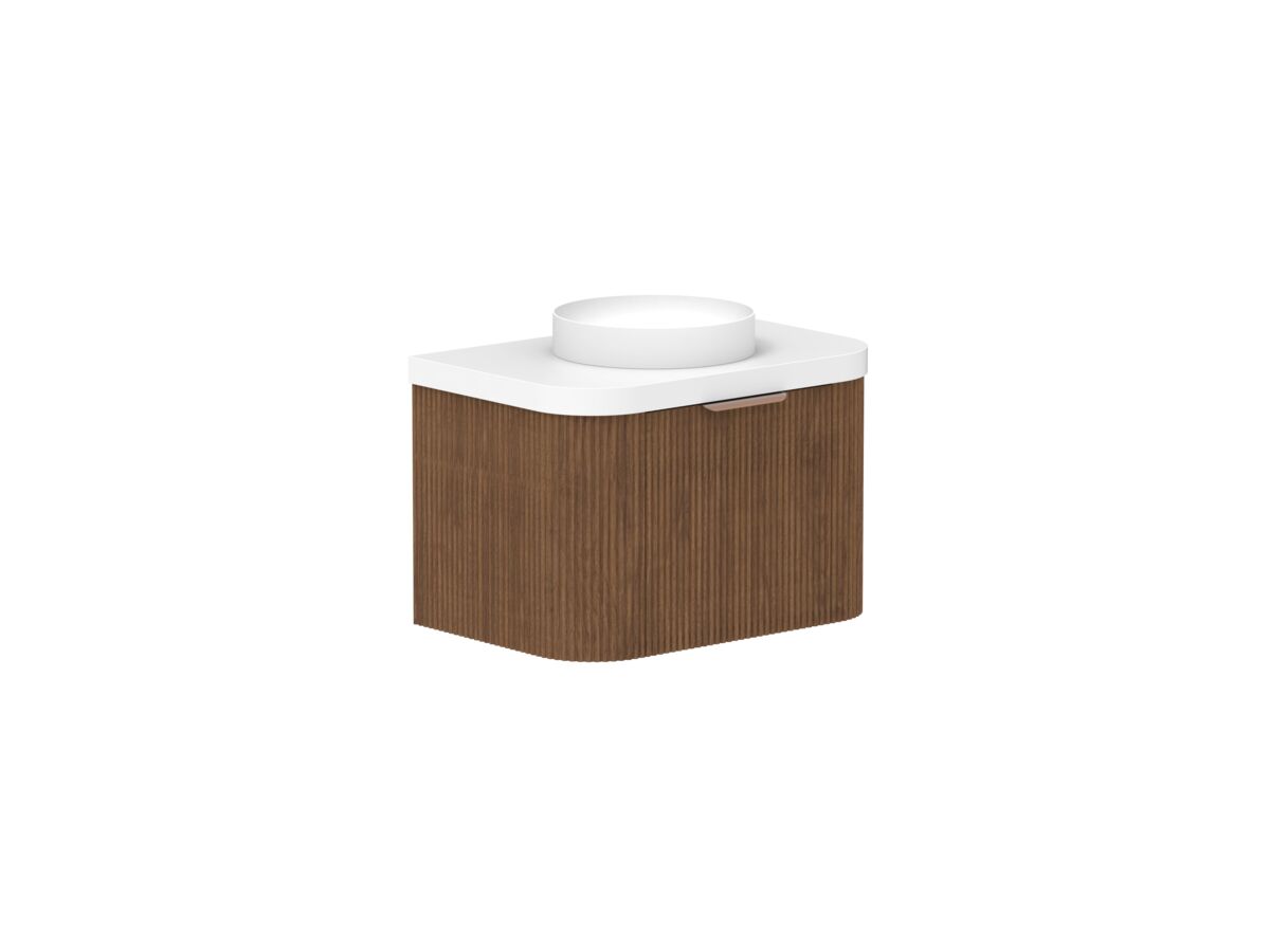 Supporting Image - Kado Neue Fluted Double Curve All Drawer 750mm Wall Hung Vanity with Centre Basin Durasein 50mm Top Florentine Walnut