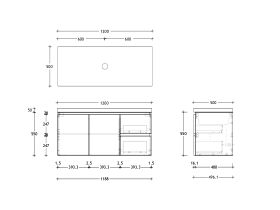 Technical Drawing - Posh Domaine 1200mm Wall Hung Vanity Unit Conventional Single Bowl 50mm Top