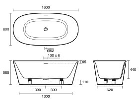 Technical Drawing - Roca Inspira Freestanding Bath 1600mm x 800mm Overflow White
