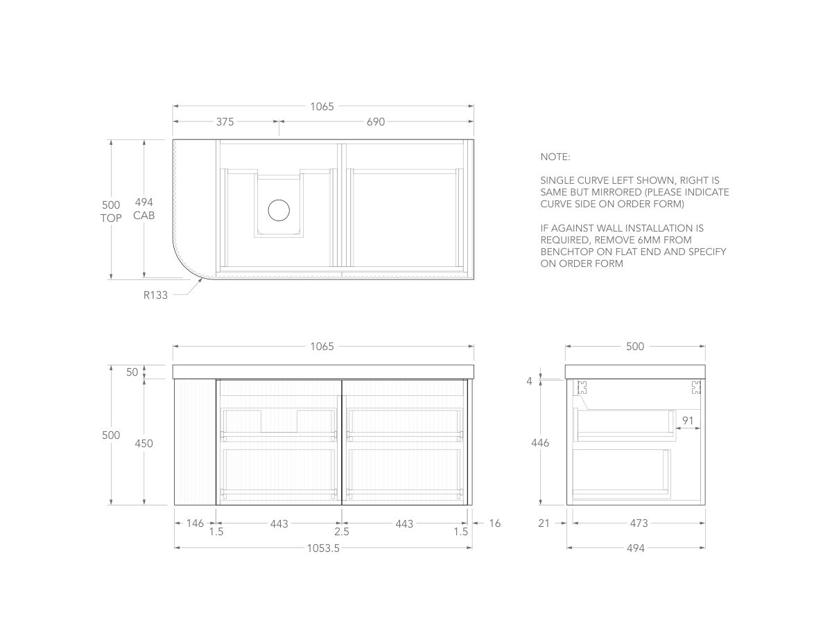 Technical Drawing - Kado Neue Fluted Single Curve All Drawer 1050mm Wall Hung Vanity with Left Hand Basin Durasein 50mm Top