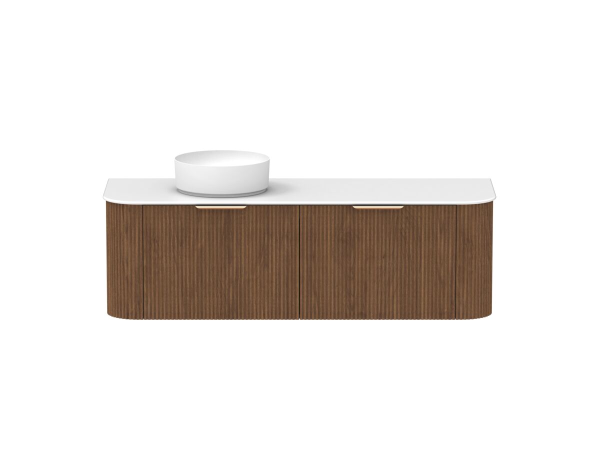 Hero - Kado Neue Fluted Double Curve All Drawer 1500 Wall Hung Vanity with Left Hand Basin Durasein 12mm Top Florentine Walnut