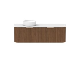 Hero - Kado Neue Fluted Double Curve All Drawer 1500 Wall Hung Vanity with Left Hand Basin Durasein 12mm Top Florentine Walnut