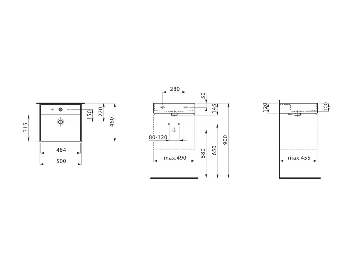 LAUFEN Kartell Wall/Counter Basin 1 Tap Hole with Over Flow 500x460 with Fixing Bolts White