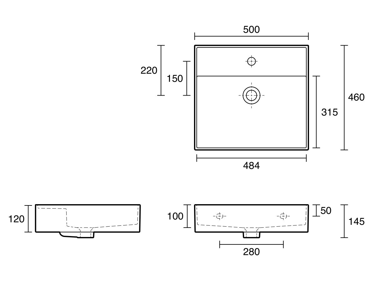 Technical Drawing - LAUFEN Kartell Wall Basin 500mm x 460mm 1 Taphole with Overflow