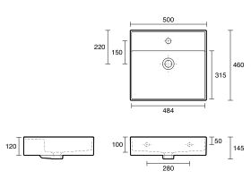 Technical Drawing - LAUFEN Kartell Wall Basin 500mm x 460mm 1 Taphole with Overflow