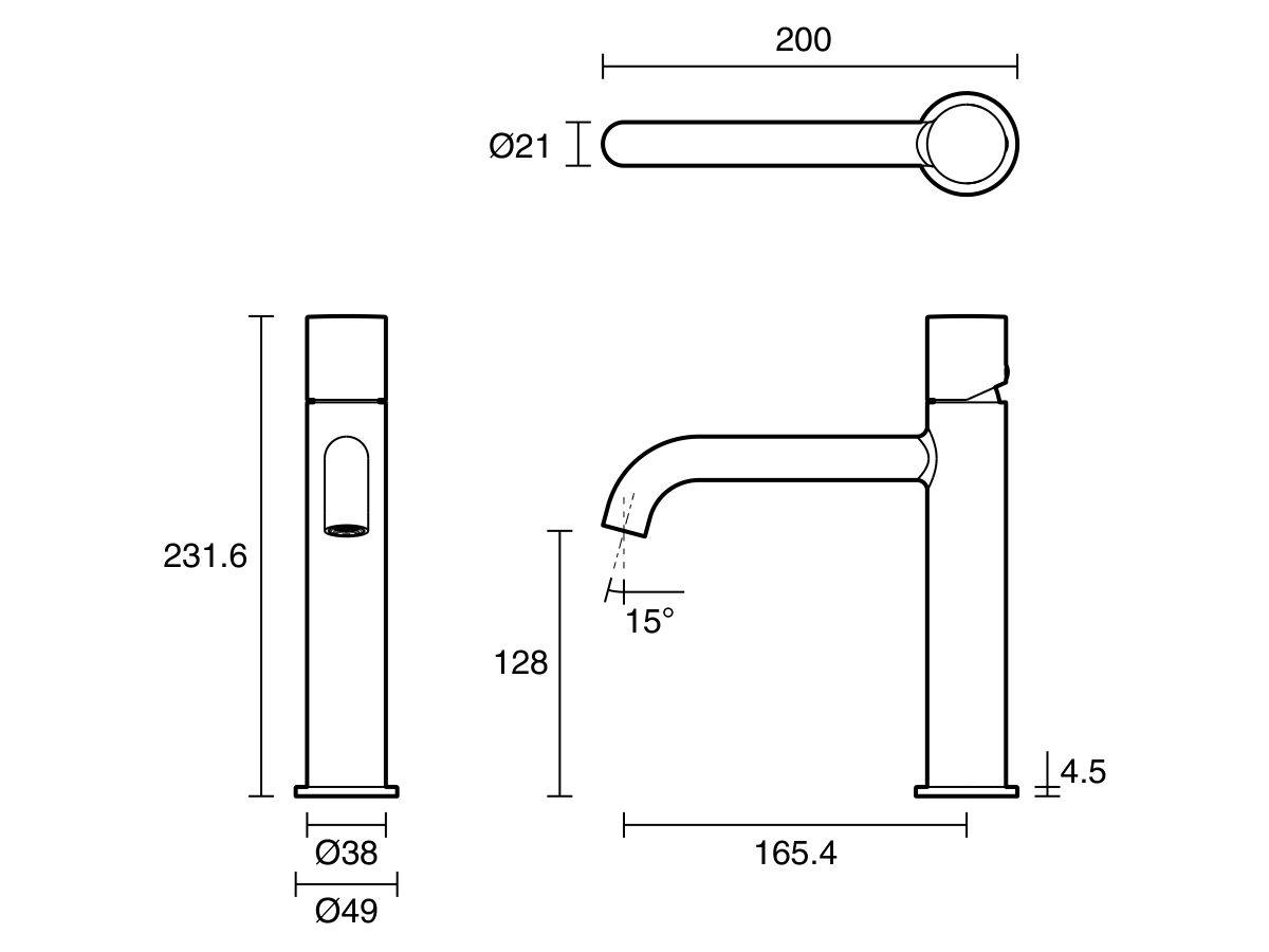 Technical Drawing - Mizu Drift Dial Medium Height Basin Mixer Tap Curved Spout (6 Star) Lead Free