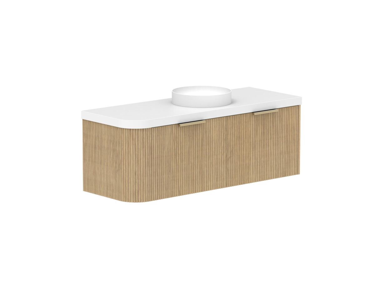 Supporting Image 2- Kado Neue Fluted Single Curve All Drawer 1350mm Wall Hung Vanity with Centre Basin Durasein 50mm Top Boston Oak