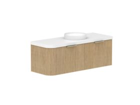 Supporting Image 2- Kado Neue Fluted Single Curve All Drawer 1350mm Wall Hung Vanity with Centre Basin Durasein 50mm Top Boston Oak