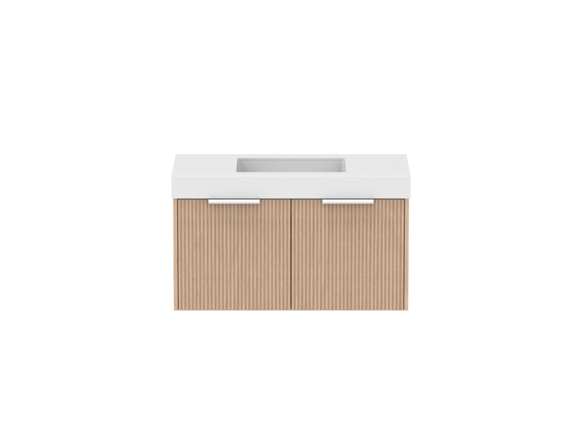 Supporting Image - Kado Neue Fluted Square All Drawer 900mm Wall Hung Vanity with Centre Basin 90mm Top Blonde Oak