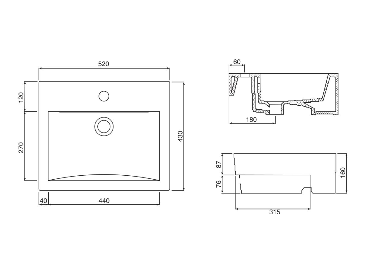 Posh Solus Semi Recessed Basin (New) 520 x 430mm 1 Taphole White