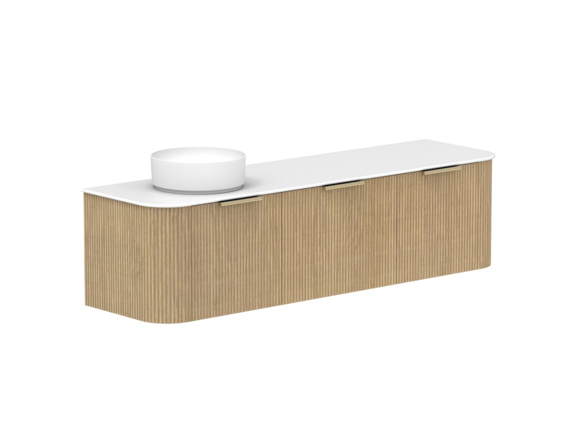 Supporting Image 2- Kado Neue Fluted Double Curve All Drawer 1800 Wall Hung Vanity with Left Hand Basin Durasein 12mm Top Boston Oak