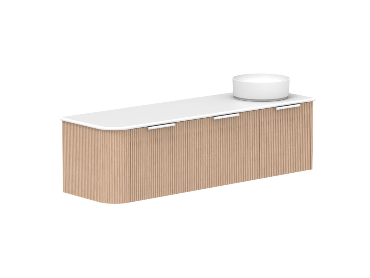 Supporting Image 2- Kado Neue Fluted Single Curve All Drawer 1650mm Wall Hung Vanity with Right Hand Basin 20mm Top Blonde Oak
