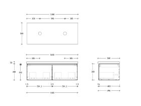 Technical Drawing - Posh Domaine 1200mm Wall Hung Vanity Unit All-Drawer Double Bowl 50mm Top