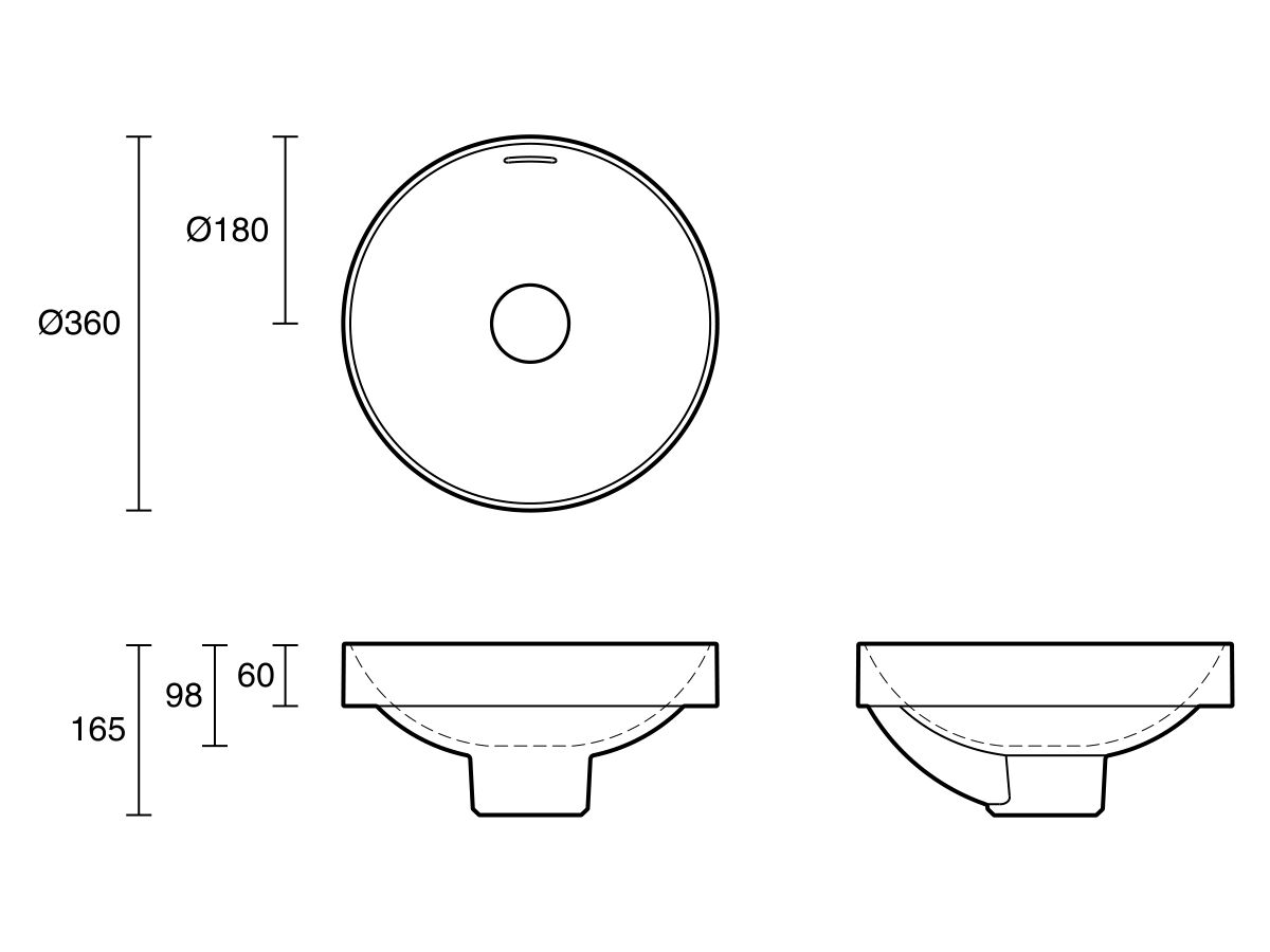 Technical Drawing - Omvivo Villa Thin Edge Round Semi Inset Basin 360mm