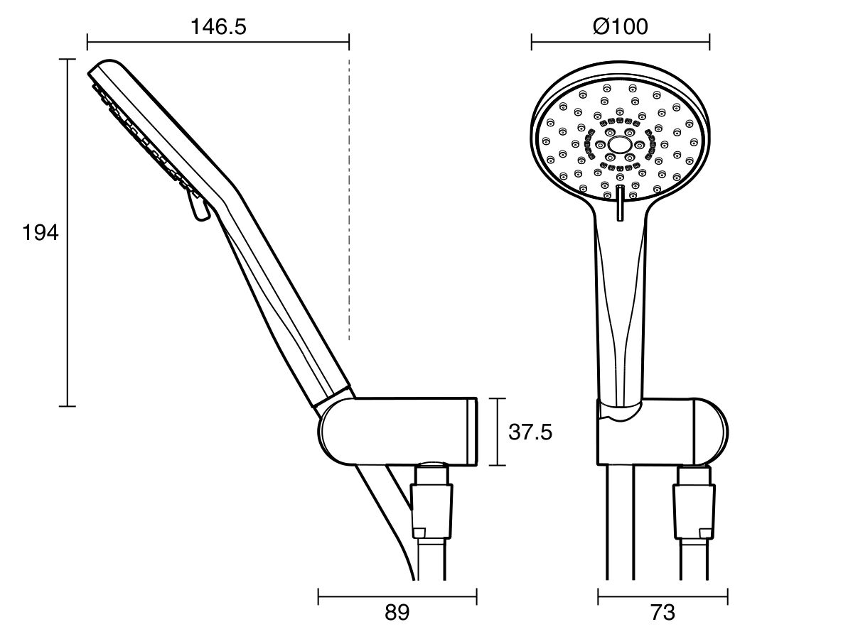 Technical Drawing - Posh Bristol MK2 Handshower with Water Inlet Wall Bracket (3 Star)