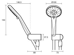 Technical Drawing - Posh Bristol MK2 Handshower with Water Inlet Wall Bracket (3 Star)
