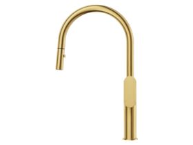 Supporting Image - Mizu Soothe MK2 Gooseneck Pull Out Sink Mixer Curved Brushed Brass (5 Star) Lead Free - Side