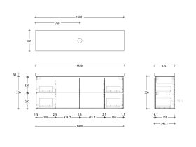 Technical Drawing - Posh Domaine 1500mm Ensuite Wall Hung Vanity Unit Single Bowl 50mm Top
