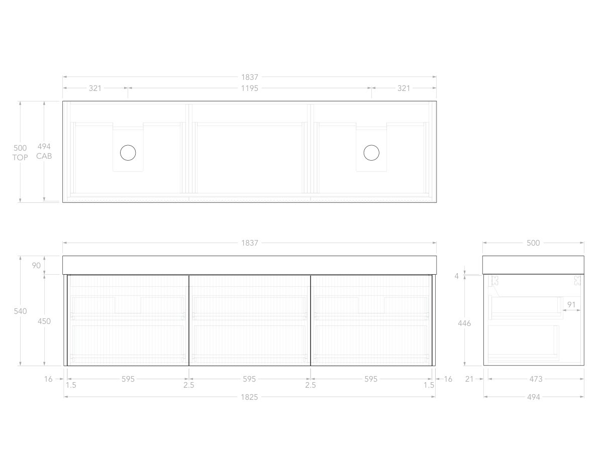 Technical Drawing - Kado Neue Fluted Square All Drawer 1800mm Wall Hung Vanity with Double Basin 90mm Top