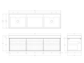 Technical Drawing - Kado Neue Fluted Square All Drawer 1800mm Wall Hung Vanity with Double Basin 90mm Top
