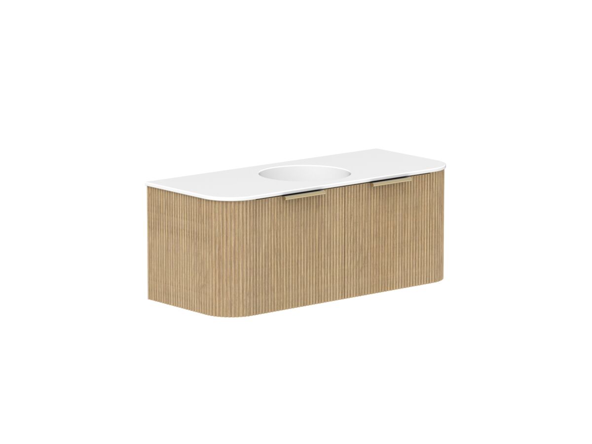 Supporting Image 2 - Kado Neue Fluted Double Curve 1200mm Wall Hung Vanity Centre Basin Matte White Ceramic Top Boston Oak