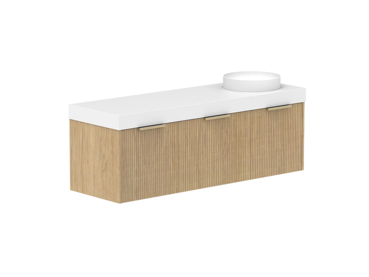 Supporting Image 2- Kado Neue Fluted Square All Drawer 1500mm Wall Hung Vanity with Right Hand Basin 90mm Top Boston Oak